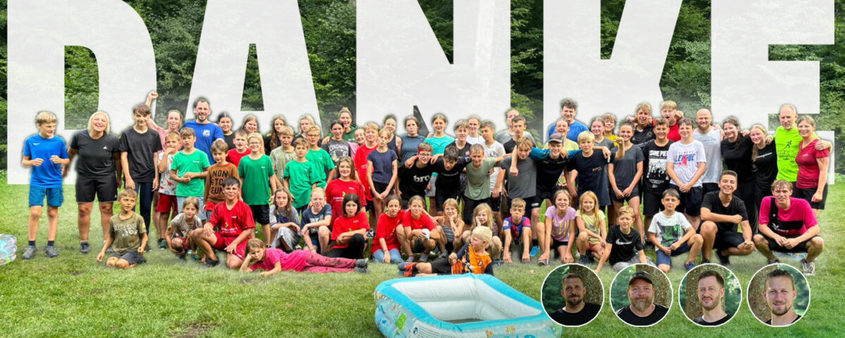 Gruppenbild: Leiter-Team und alle teilnehmenden Kinder Zeltlager 2025