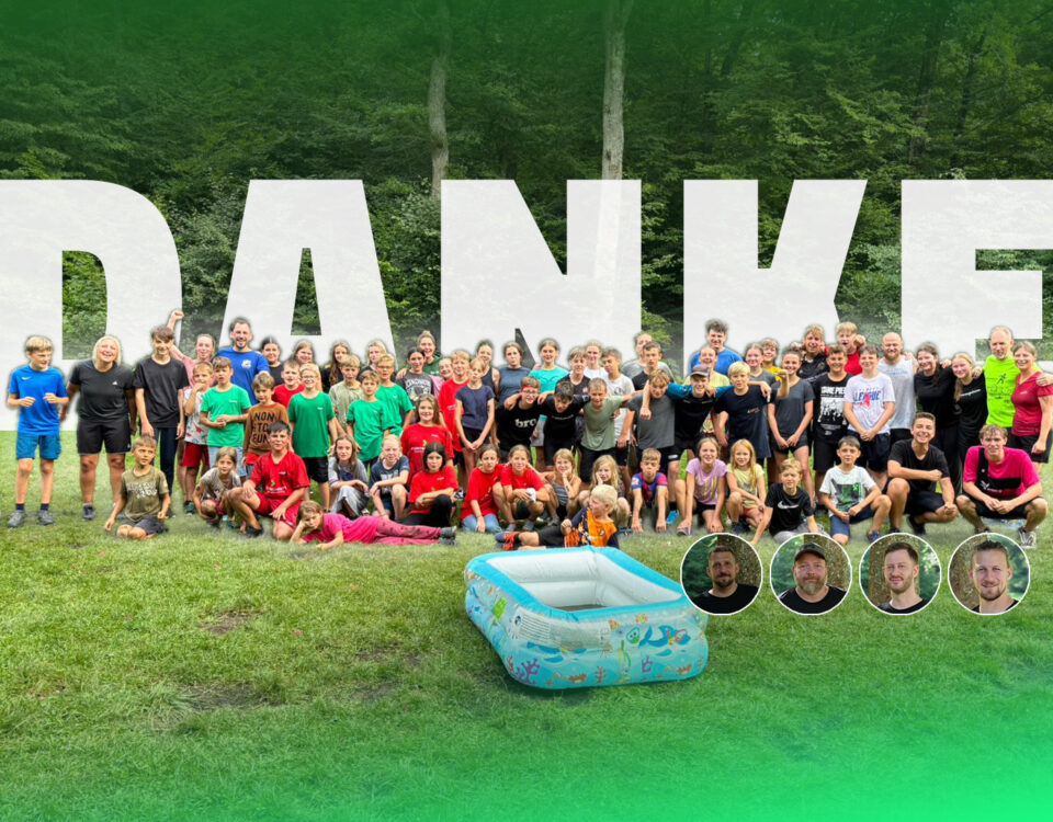 Gruppenbild: Leiter-Team und alle teilnehmenden Kinder Zeltlager 2025